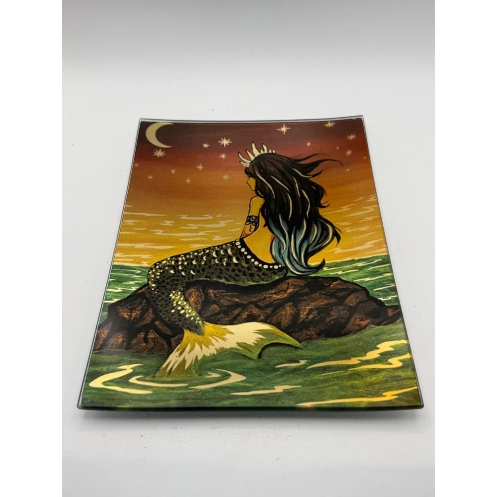 World Buyers Reina Mermaid Glass Trinket Tray Tattoo Art Moon Stars New